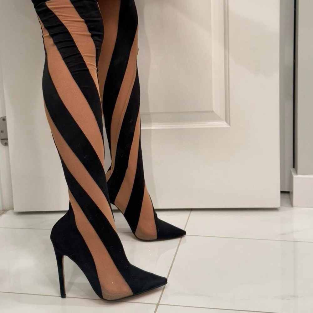 Miss Lola Black and Tan High Heeled Over the Knee Boots